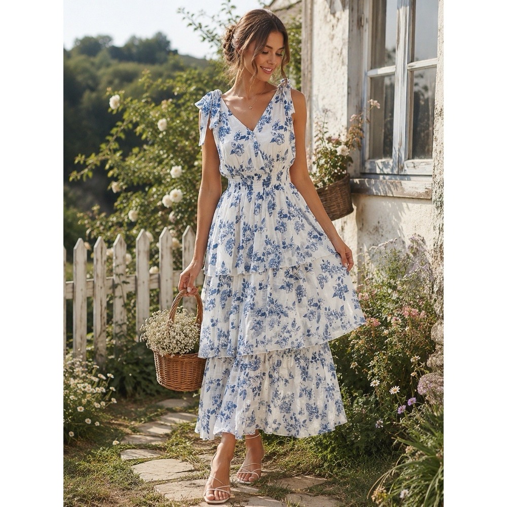 J GEE Blue & White Floral Tiered Maxi Dress Womens S Ruffles Cottage Fairy Boho